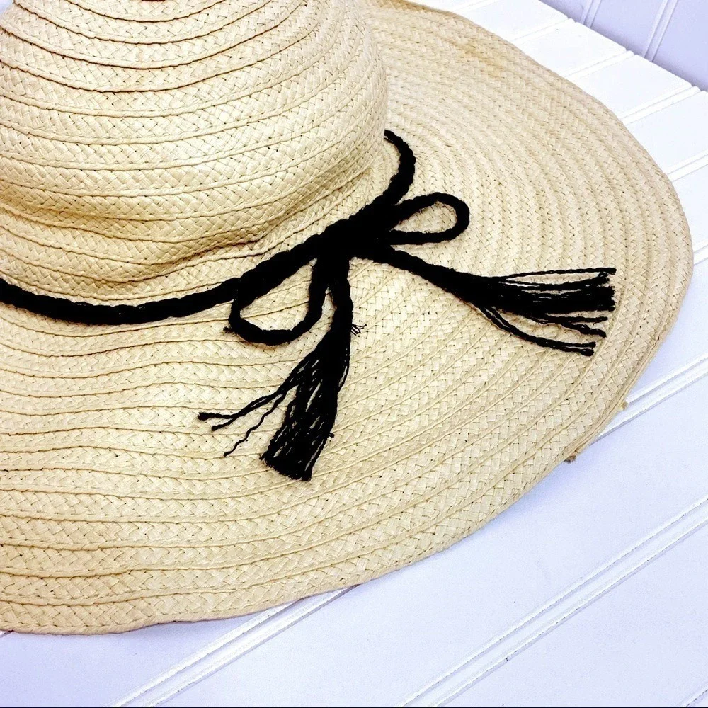 Gap Womens Tan Woven Paper Straw Wide Brim Floppy Sun Hat Black Tassel Band M/L